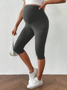 SHEIN Maternity Solid Ribbed Cropped Leggings,Maternity Clothes - Dark Grey - View 5