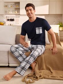 SHEIN Men's Pocket Tee & Plaid Print Pants Pajama Set, Boyfriend Gifts, For Christmas - Navy Blue - View 2