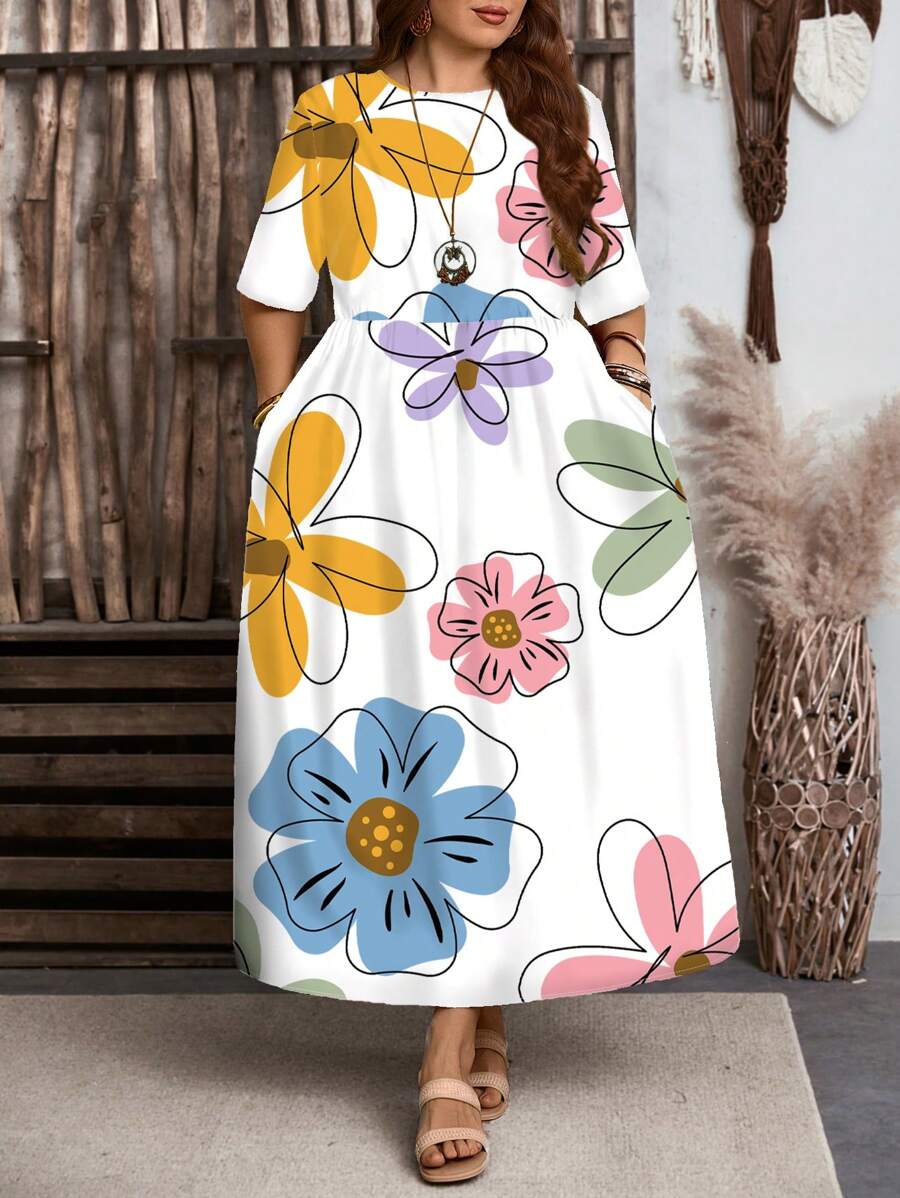 EMERY ROSE Plus Size Dopamine Floral Print Dress,Sun Dresses For Women - White - View 1
