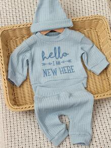 SHEIN HELLO Letter Embroidered 3pcs/Set Newborn Baby Boy/Girl Photography Outfit, Includes Top, Pants And Hat, Infant 1 Month To 100 Days Photo Studio Clothing