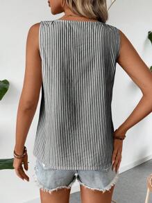 EMERY ROSE Camisa informal de lino sin mangas a rayas blancas y negras con cuello asimétrico y botones decorativos para vacaciones