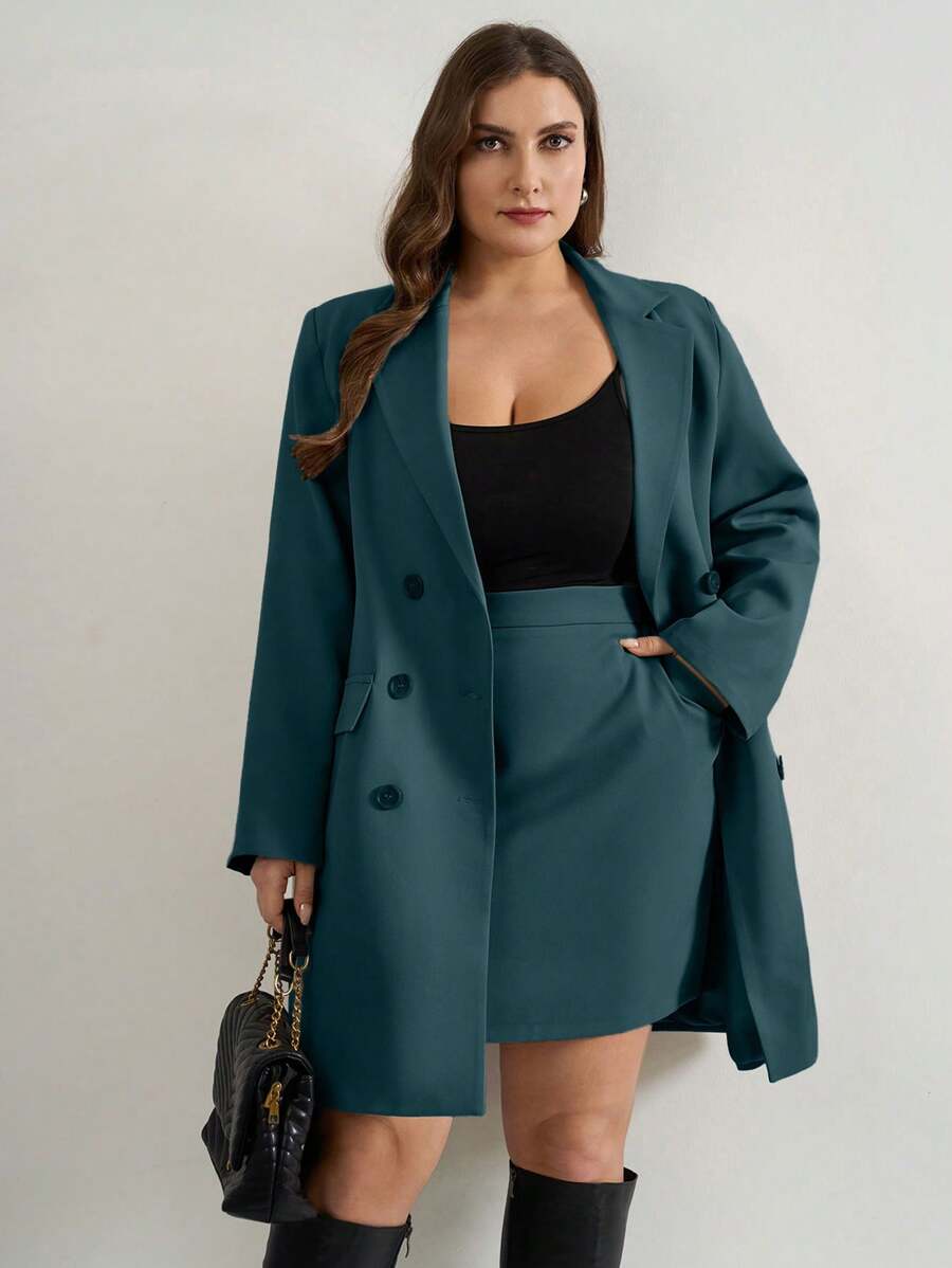RueChic Double-Breasted Suit Jacket And Skirt Set - Dark Green - View 1
