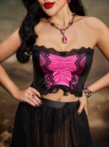 PinupGlam Vintage Palast-Stil romantischer Bondage-Spitzen-Satin-Transparenz-Taillengürtel für Damen, Rot Rose & Schwarz