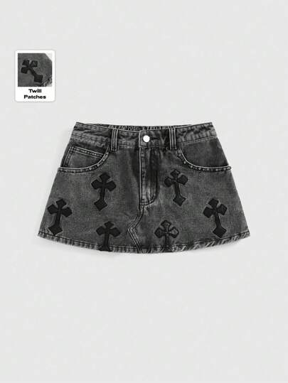 Grunge Punk Women's Embroidered Cross Denim Mini Skirt