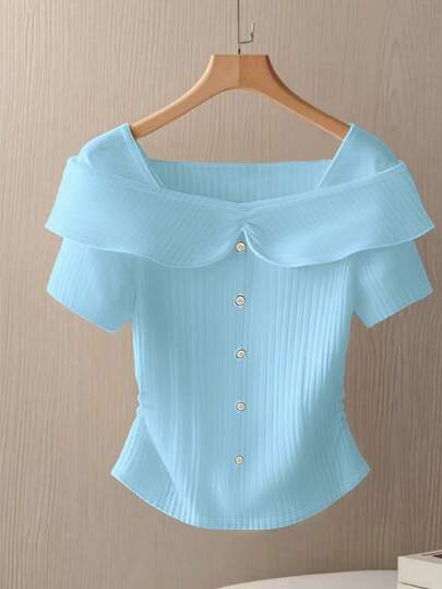 GlowEve Knitted Striped Texture Patchwork Button Decor Luxurious French Style White Short Sleeve Top For Women, Summer