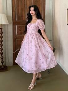 DAZY 女式花卉印花立领泡泡袖褶饰中长连衣裙