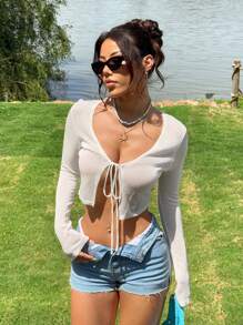 SHEIN EZwear 女士纯色前系带短款开衫 - 白色 - 查看 6
