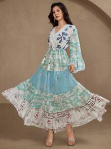 DAZY 夏季度假风格花卉V领女式中长连衣裙 - 綠色 - 查看 9