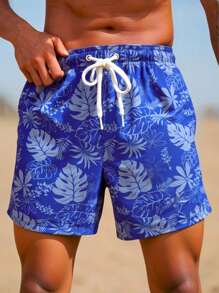Manfinity VDAYZ Men's Summer Holiday Casual Leaf Print Drawstring Waist Beach Pants Men Swim Trunks Men Beach Clothes Men Beachwear Men's Swim Trunks Matching Men Beach Wear Men Swim Trunks Set - Royal Blue - View 3