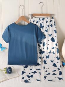 2 件女孩休闲蝴蝶图案朦胧蓝色宽松短袖上衣和长裤睡衣套装 - 霧霾藍 - 查看 2