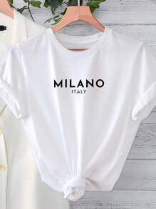 SHEIN Plus Size Round Neck Letter Printed Short Sleeve Casual T-Shirt For Summer, MILANO ITALY Graphic Tees Women Tops