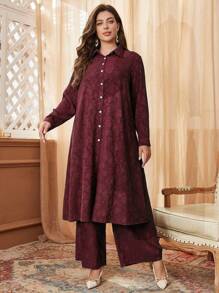 Mulvari 2pcs Textured Jacquard Contrast Button Plus Size Casual Set 2 Pieces Set Fall Cloth For Women - Burgundy - View 5