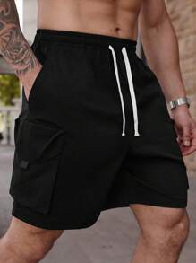 Manfinity Homme Plus Size Men's Solid Color Drawstring Waist Casual Cargo Shorts, Suitable For Spring/Summer
