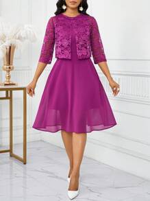 Fleurora Plus Size Women's Elegant Solid Color Lace Sleeveless Top And Dress Two Pieces Set, Summer Birthday And Event Dresses/Office Dresses/Church Dresses/Wedding Dresses/Festival Dresses/,Fall Clothes For Women Purple Lace Dress Purple Dress Women Cocktail Dress Wedding Guest Dress Church Dress Women Wedding Guest Dress Women Teacher Outfits For Women Business Casual Woman Office Outfits For Women Homecoming Dress Fall Clothes For Women Vacation Outfits Woman Beach Outfits For Woman Formal Dresses For Women Dresses For Women Elegant Birthday Dresses For Women Wedding Guest Dress Dresses For Women Party - Purple - View 5