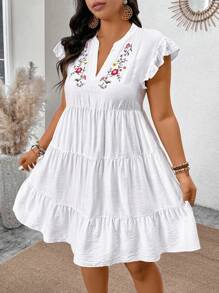 SHEIN Clasi Plus Size V-Neck Floral Embroidered Ruffle Hem A-Line Dress, Boho Vacation Dress, For Summer