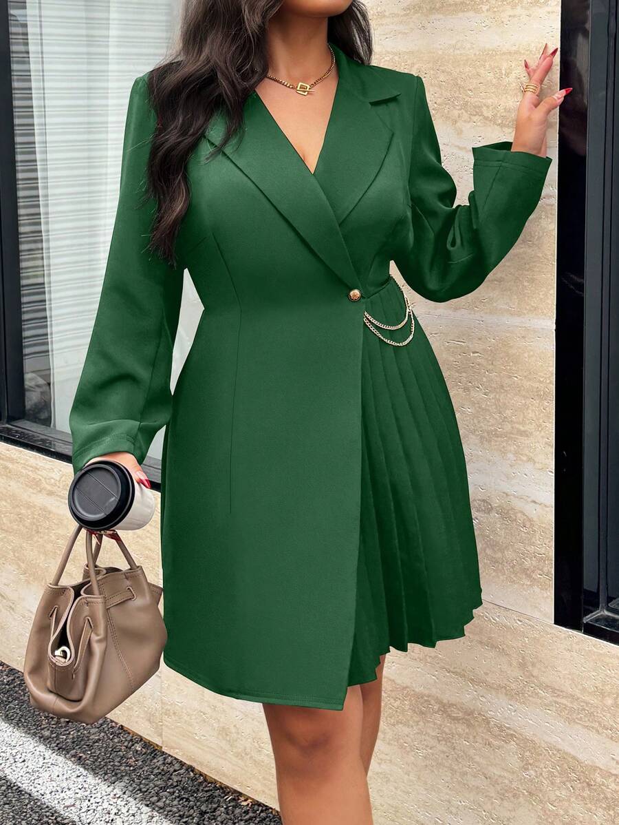 SHEIN Unity Plus Size Women Solid Color Lapel Collar Long Sleeve Pleated Hem Elegant Dress Fall Cloth For Women - Dark Green - View 1
