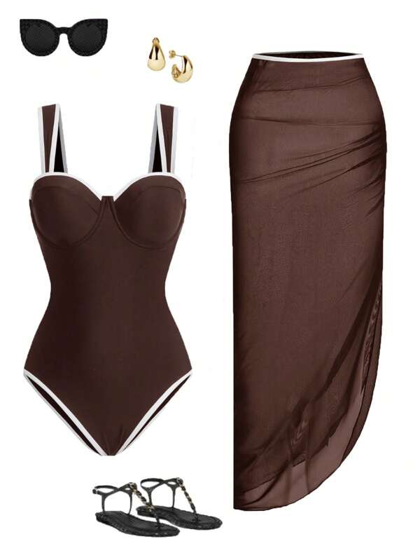 Swim Oasis Costumi da bagno donna primavera/estate 2025, costume intero tinta unita + gonna corta a più strati, colori nero e bianco