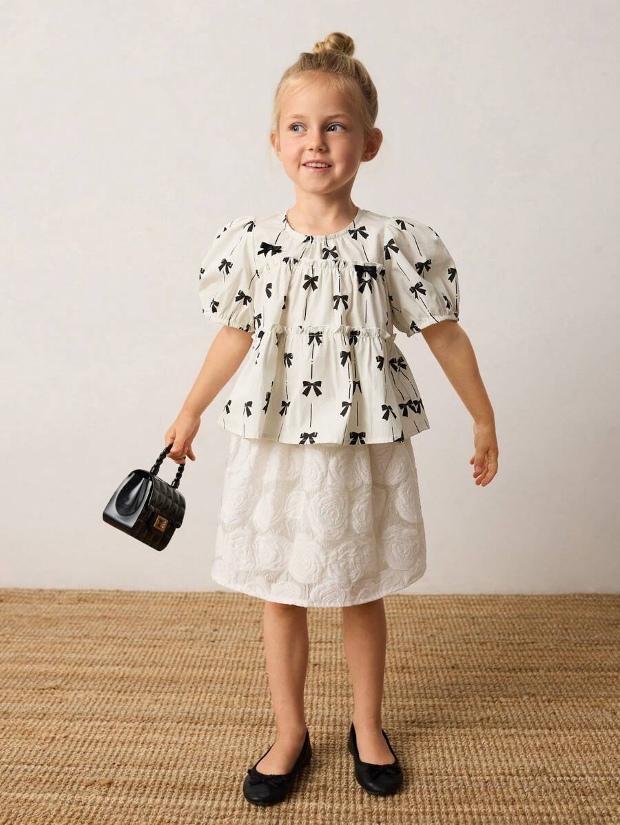 Maija Kids Maija Kids Áo cánh họa tiết hoa nhỏ giản dị rộng rãi trang trí nơ cho bé gái - màu đen - Xem 1