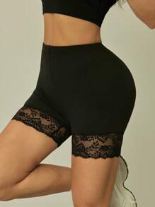 SHEIN PETITE 2pcs Contrast Lace Leggings Set, Summer - Black - View 5