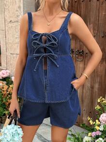 SHEIN Casual Maternity Front Tie Denim Blouse, Summer