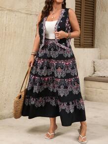 SHEIN LUNE 2件套女士夏季休闲西式V领无袖印花黑色上衣和松紧腰长裙女夏装女士生日女士夏装夏季两件套 - 黑色 - 查看 3