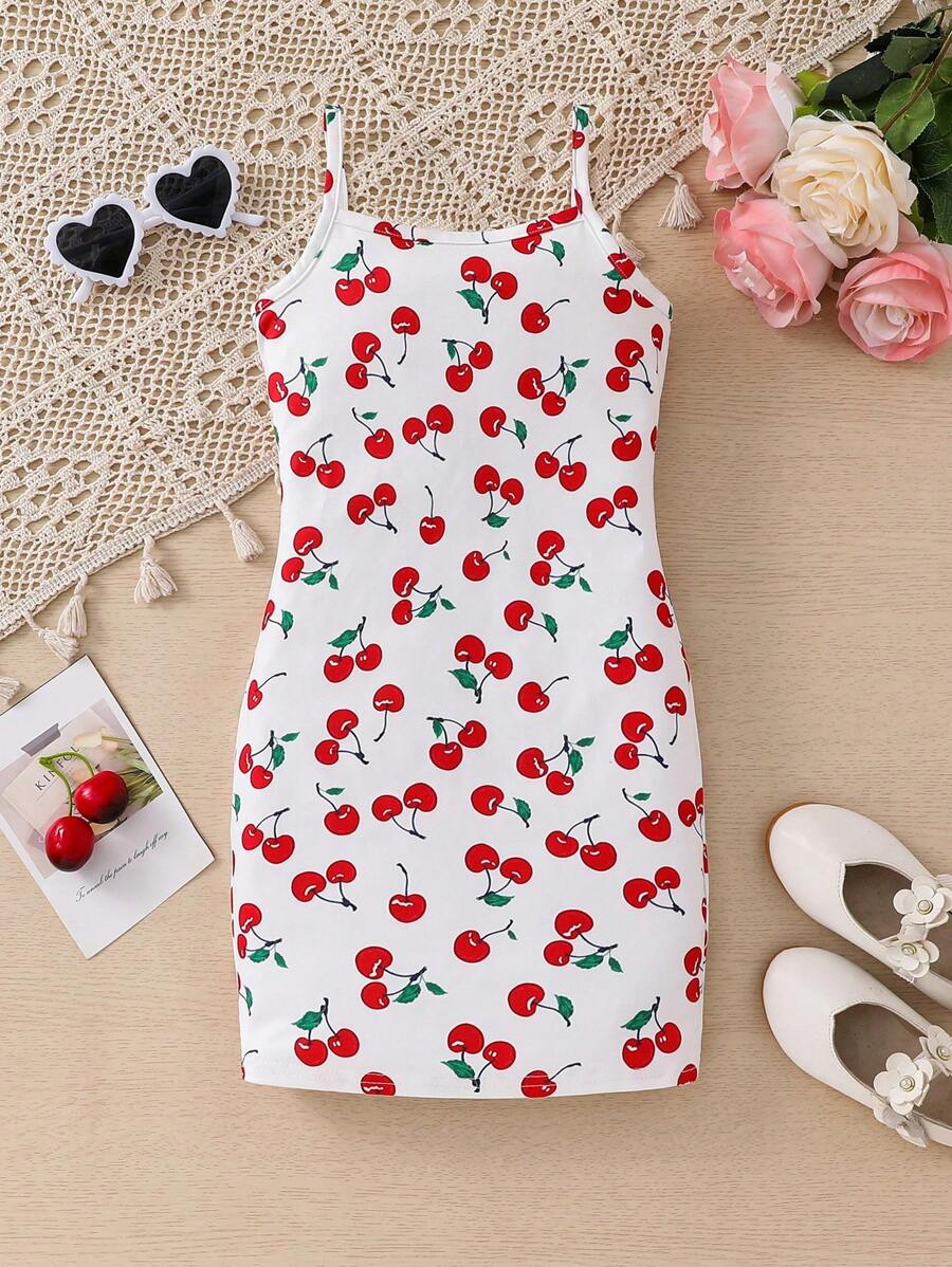 Vestido de tirantes de punto con estampado de cerezas para niña joven - Negro - Ver 1
