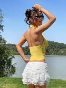 SHEIN EZwear Yellow Knitted Women's Halter Neck Tank Top, Fashionable For Summer - Yellow - View 2