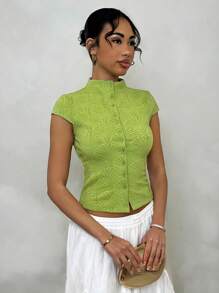 Glamine 鼠尾草绿色女式短袖修身弹力针织 T 恤，简约舒适的贝壳纹理自然复古风格，适合夏季日常外出