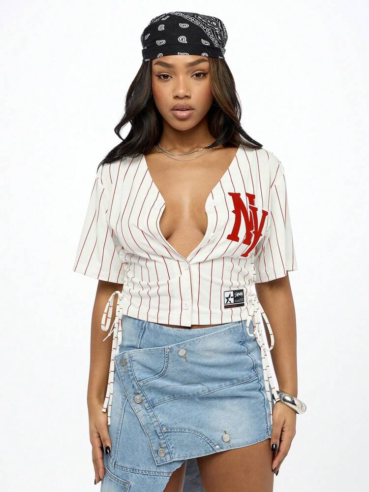 SUMWON WOMEN Corset Style Baseball Jersey Style Crop T-Shirt Side Lace Up