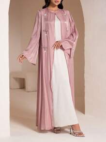 Veilorie Women's Long Sleeve Bow Decor Arabic Abaya Cardigan, Modest Robe - Dusty Pink - View 6