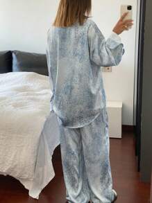 Livesso Conjunto informal de 2 piezas de camisa de manga larga y pantalones de pierna ancha con estampado de leopardo para mujer, para primavera/verano