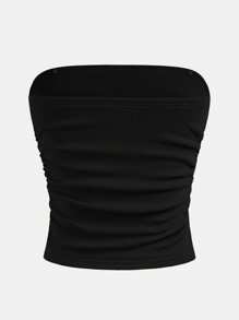 Tween Girls' All-Match Sleeveless Fitted Ribbed Knit Ruched Side Cropped Black Tube Top, Casual & Versatile