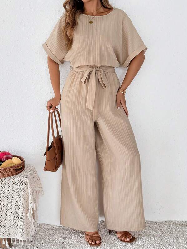SHEIN Clasi Plus-size effen jumpsuit met korte mouwen, modieus, geschikt voor de zomer