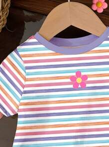 SHEIN Young Girl Casual Simple Lovely Striped & Floral Cartoon Pattern Round Neck Short Sleeve T-Shirt, Suitable For Summer