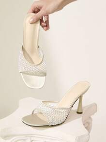 CUCCOO CHICEST Women's Apricot Mesh Rhinestone Embellished Square Toe Stiletto Heel Sandals, Elegant, Casual, Comfortable And Versatile For Work, Date, Party, Formal Occasions - Apricot - View 2