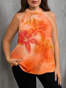 SHEIN Clasi Blouse à col ras-du-cou à imprimé floral pour femmes grandes tailles, convient pour l'été