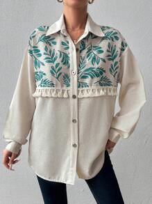 EURMUSE 100%Cotton Open Placket Blouse With Tassels And Tribe Print - Green - View 3