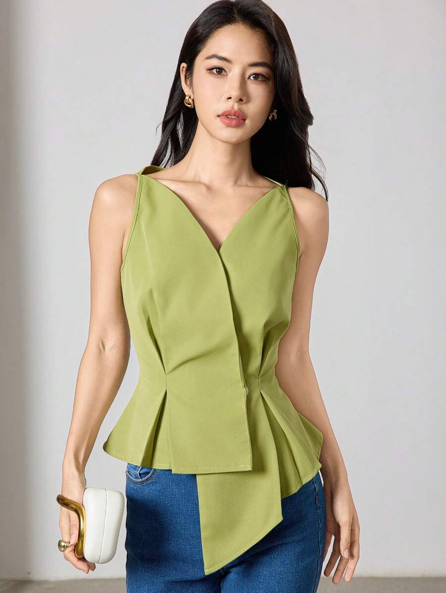 Heiryn Women's V-Neck Solid Color Sleeveless Shirt With Asymmetric Hem For Summer, Elegant Design, Sleeveless Tops