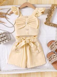 SHEIN Elladie kids 2pcs/Set Young Girl Floral Camisole With Big Bow & Solid Color Shorts With Pockets, Children Casual Summer Holiday Outfit - Yellow - View 5