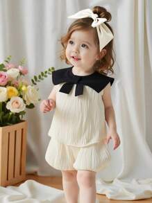 SHEIN Vintaside Kids Baby Girls' Sweet Colorblock Bow Collar Sleeveless Top And Cute Shorts 2Pcs Set, Suitable For Daily Wear, Outings
