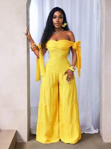 BamGleam Women Casual Solid Color Ruched Bust Off Shoulder Jumpsuit, Summer - Yellow - View 5