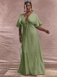 MUSERA Đầm maxi tay ngắn cổ chữ V buộc dây phía trước cỡ lớn, thích hợp cho mùa xuân hè, trang phục đi nghỉ mát, du lịch, nghỉ dưỡng, tốt nghiệp. - Màu xanh Ô liu - Xem 3