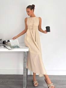 Siren Gaze Vestido sin mangas de línea A de algodón y lino para mujeres, para primavera/verano