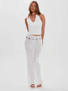 MUSERA Low Rise Textured Wide Leg Trousers Summer Vacation Holiday Elegant Beachwear Boho Romantic Ibiza Mineral Chic - Cream - View 1
