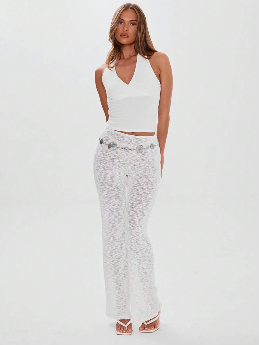 MUSERA Low Rise Textured Wide Leg Trousers Summer Vacation Holiday Elegant Beachwear Boho Romantic Ibiza Mineral Chic - Cream - View 1