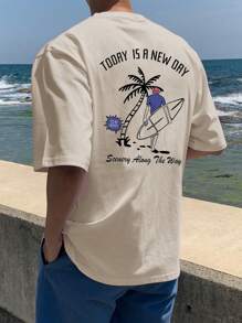 DAZY Men's Apricot Beach & Surfing Graphic Print T-Shirt, Summer