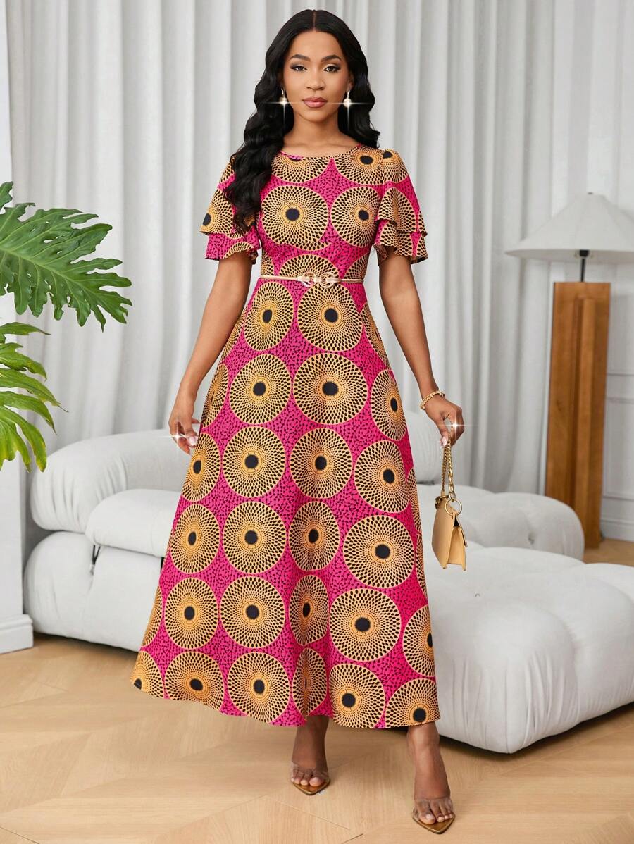 Lunelith SHEIN Lunessa Women's Elegant Floral Print Long Ruffle Sleeve Dress, Summer - Multicolor - View 1