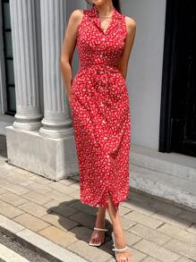 Pariaura French Casual Romantic Floral Print Shirt Collar Self-Tie Belt Sleeveless Dress For Women Polka Dot - Red - View 5