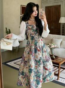 DAZY Rochie lungă pentru femei cu guler pătrat și mâneci evazate, rochie de toamnă, ținute de vacanță, florale - Albastru - Vizualizare 7
