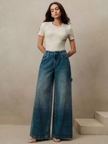 Anewsta Women's Fashionable Bejeweled Short Sleeve Round Neck T-Shirt - Apricot - View 4